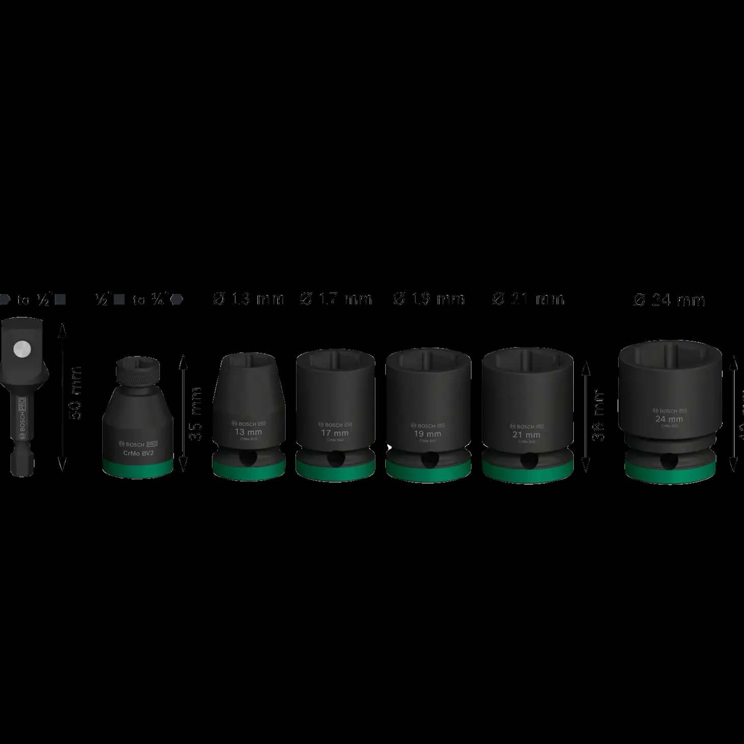 Bosch PRO Impact Socket Set med adapter, 1/2", standard, 7 stk.