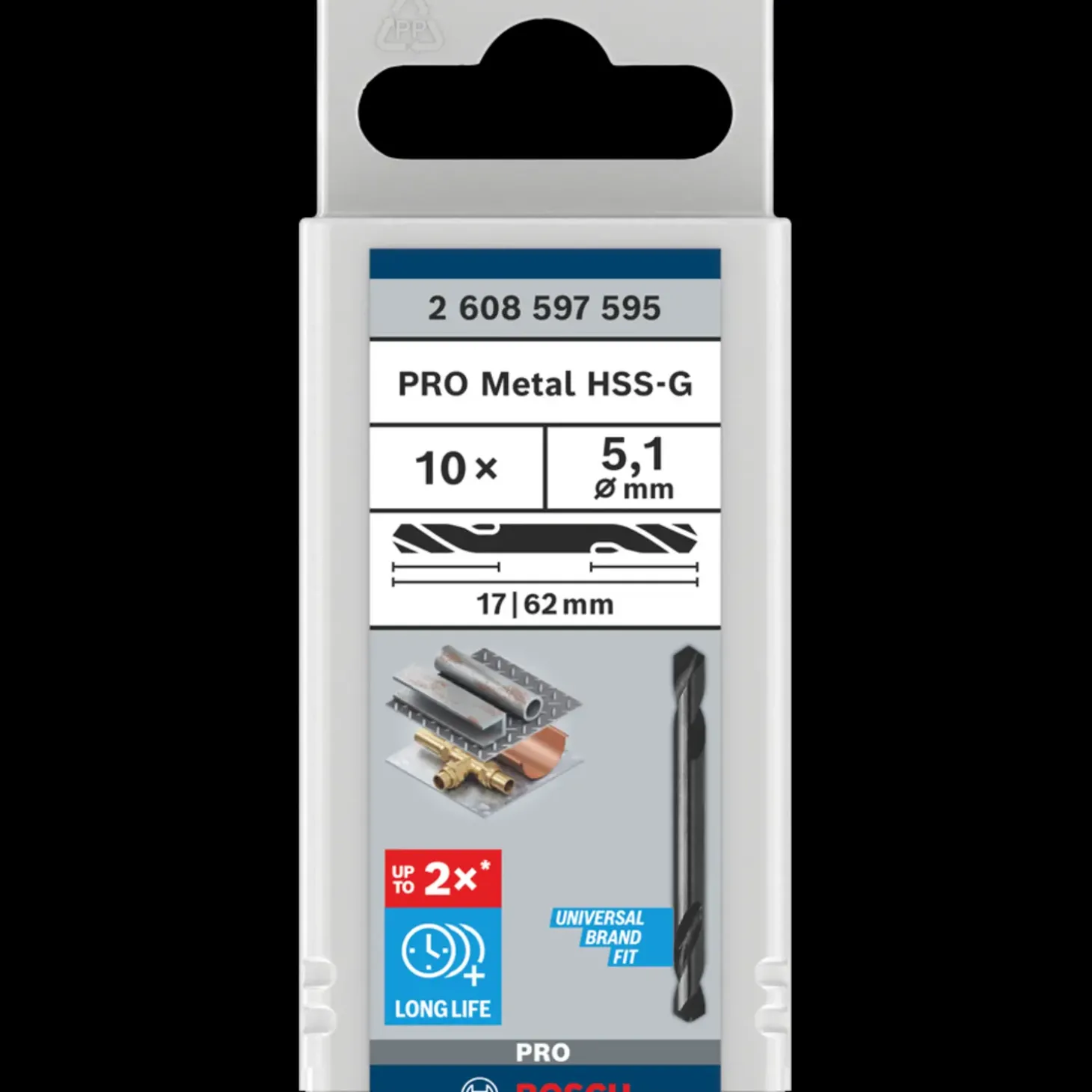 Bosch PRO Metal HSS-G spiralbor med dobbelt ende, 5,1 x 17 x 62 mm, 10 stk.