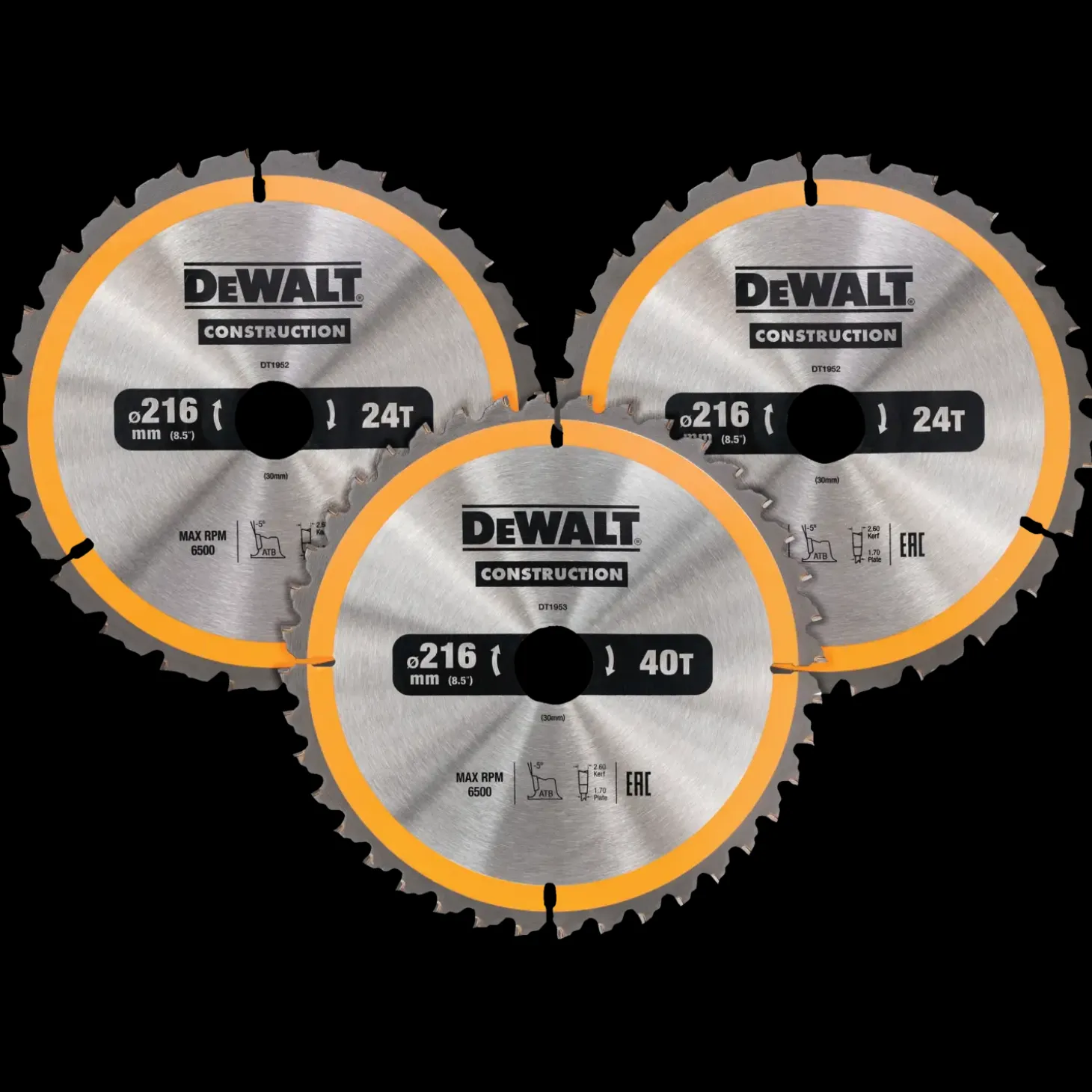 DeWalt DT1962-QZ rundsavsklingesæt 216 mm - 3-pak med 2 x 24T og 1 x 40T