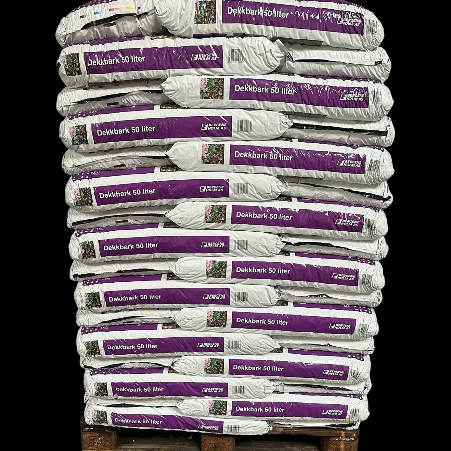 Dækbark 2400 liter, palle med 48 sække á 50 liter