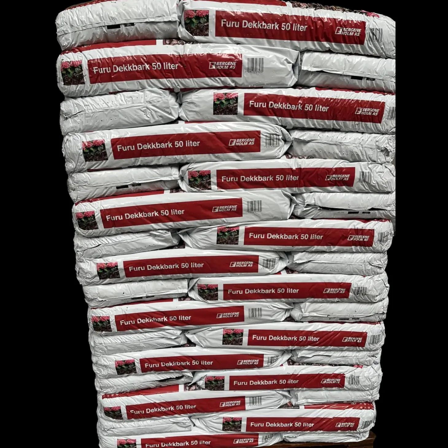 Dækbark 2400 liter, palle med 48 sække á 50 liter