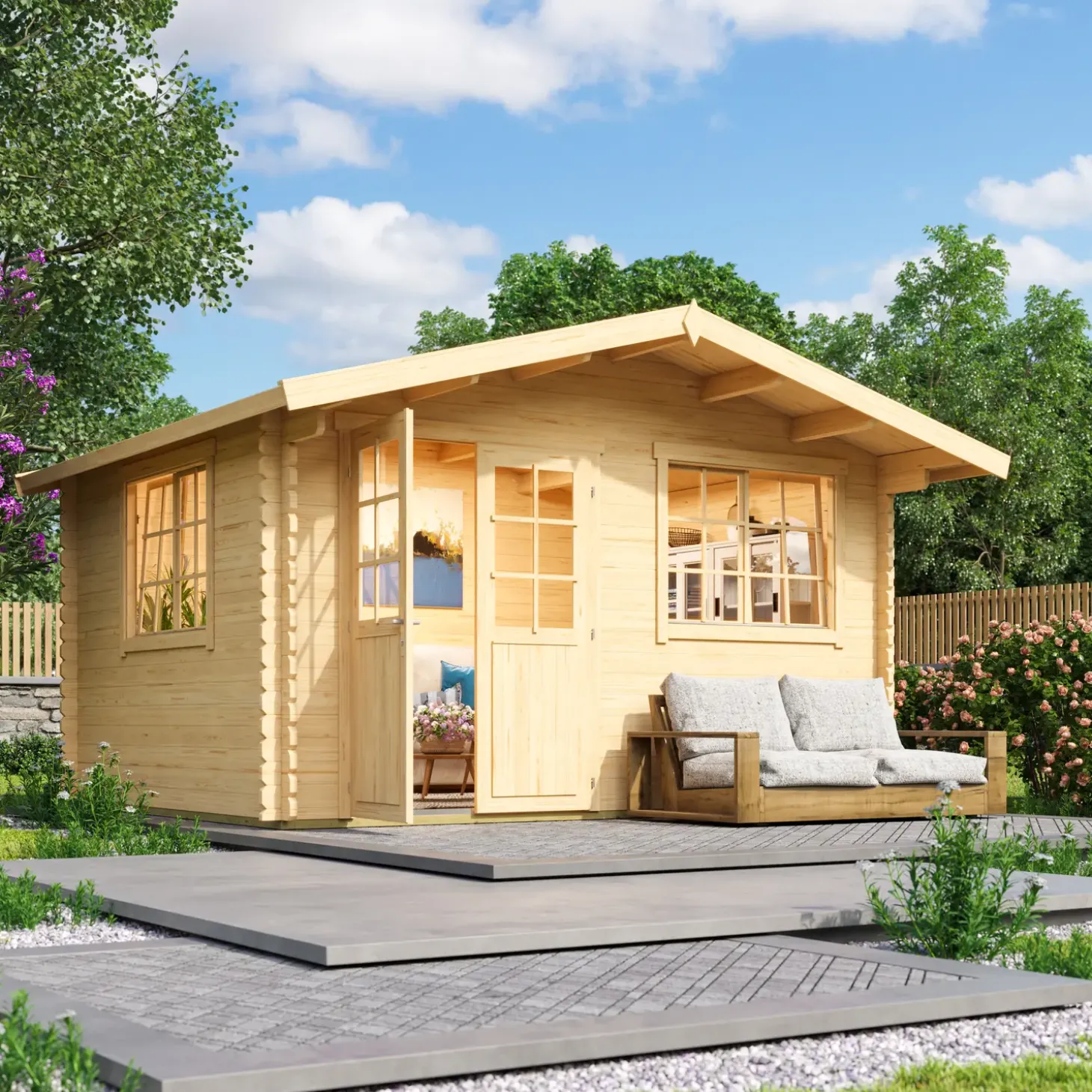 Norderney hytte med overdækning dobbeltdør og sprossevinduer 11,15 m²