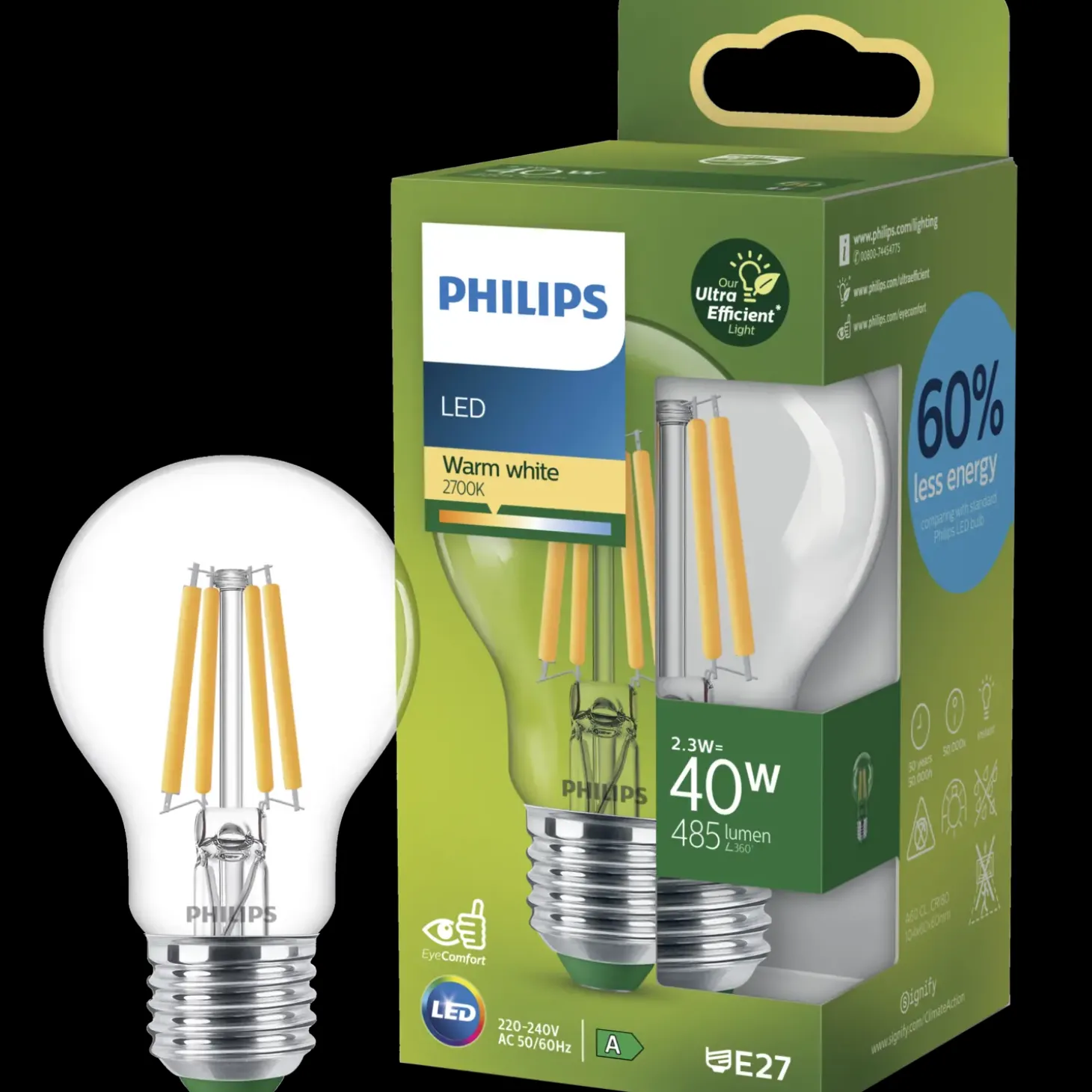 Philips filament pære E27 varm hvid 2,3-40W