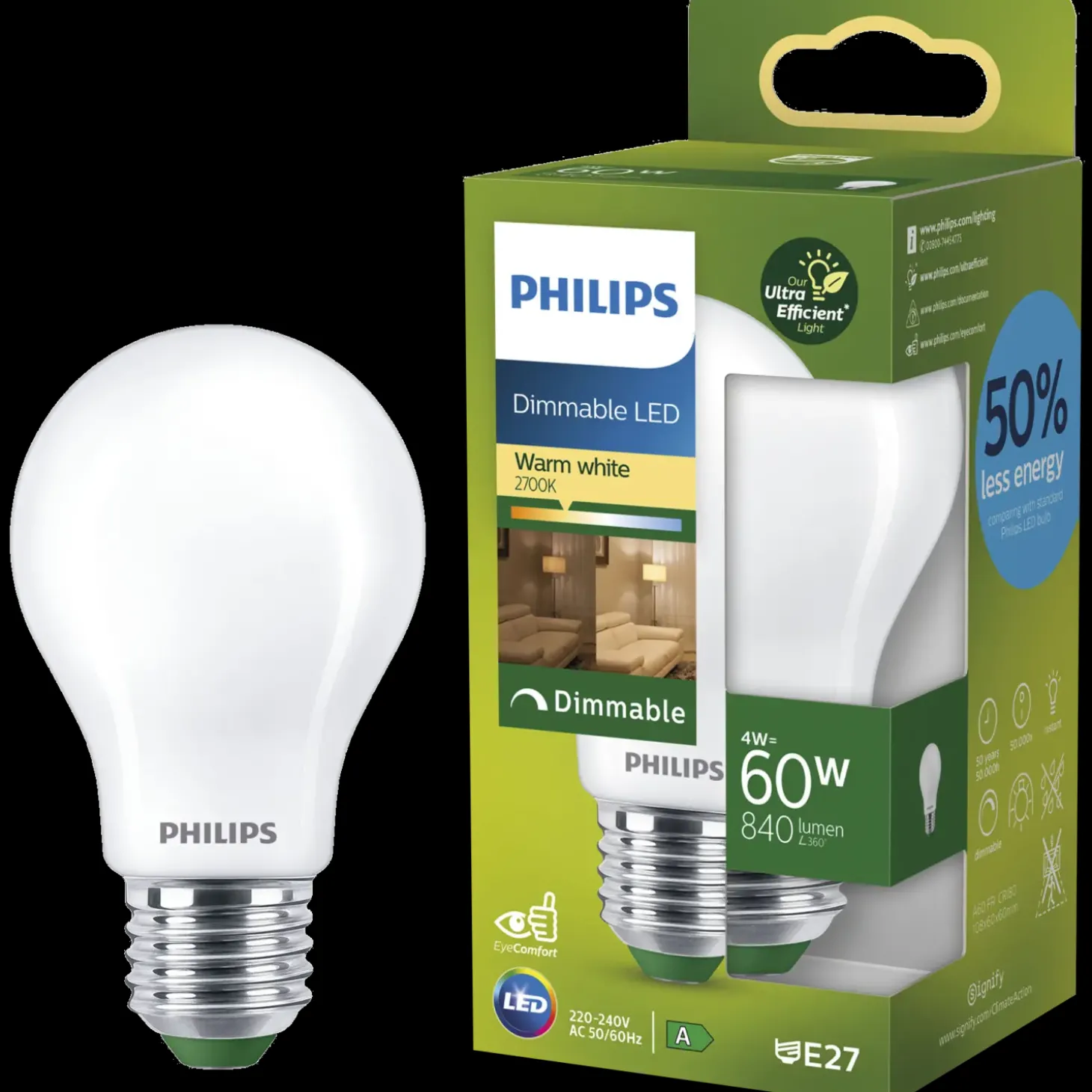 Philips filament pære E27 60W hvid mat