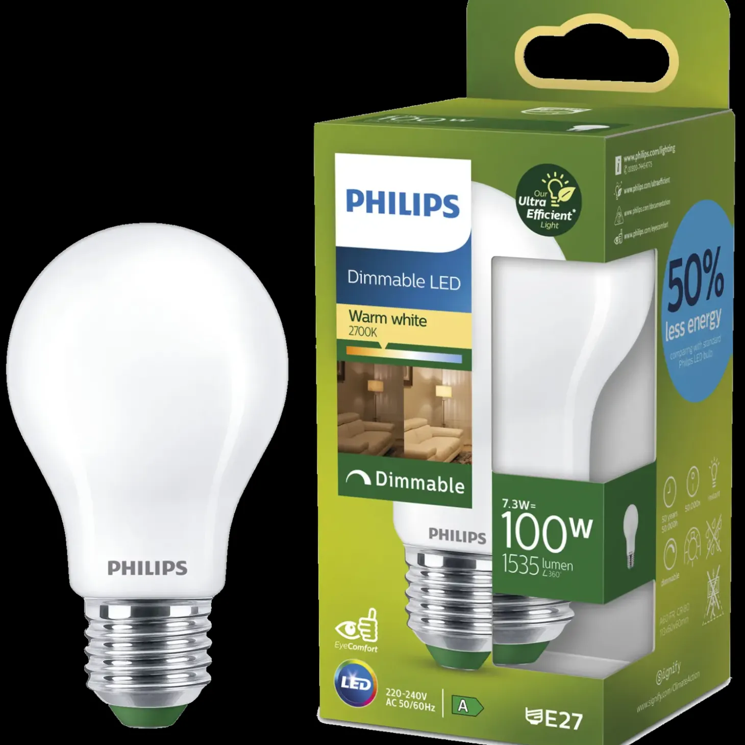 Philips filament pære E27 100W hvid mat