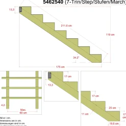 Plus 34,2° Trappevange 7 trin m/beslag  Trindybde 25 cm