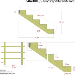 Plus 34,2° Trappevange 5 trin m/beslag  Trindybde 25 cm