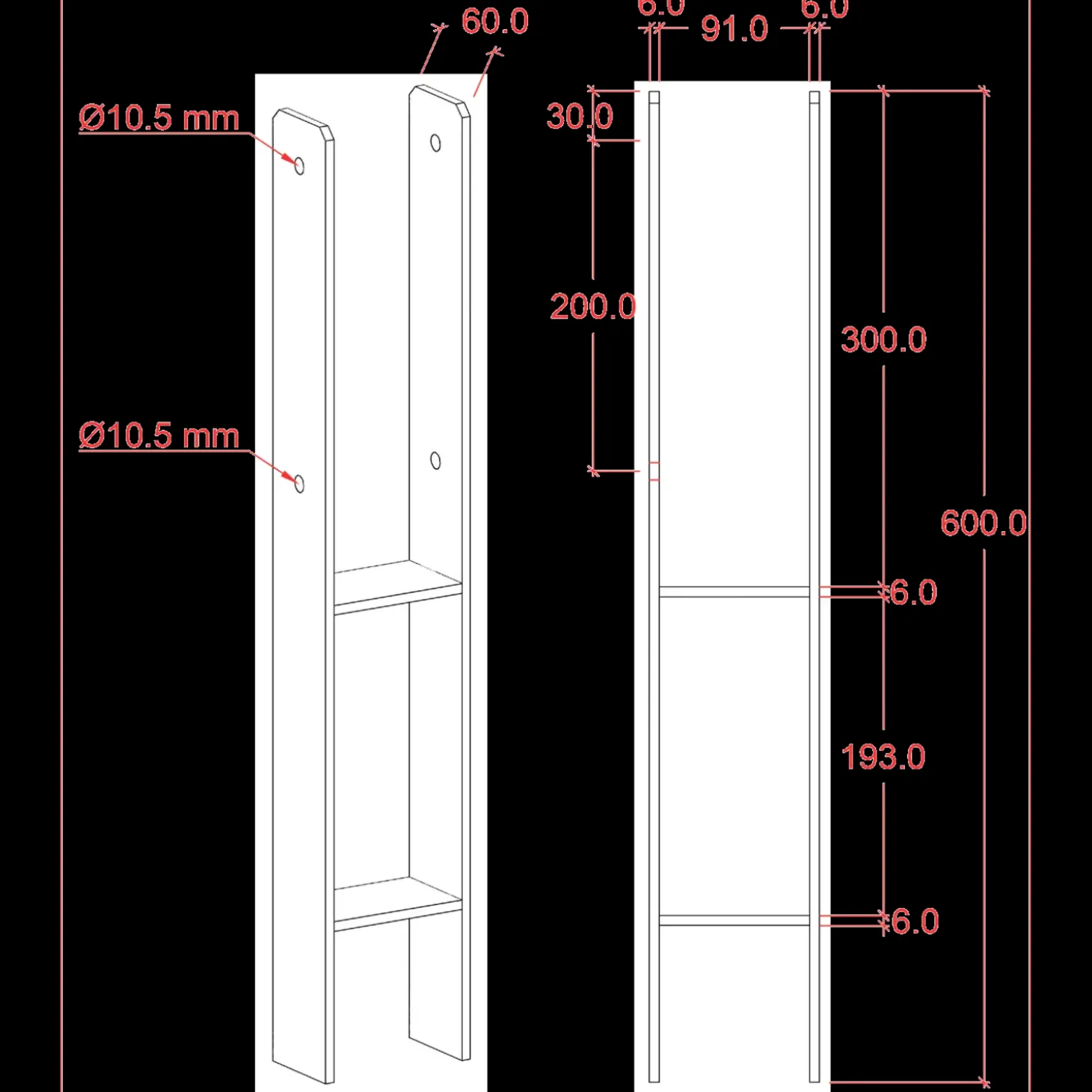 Plus H-stolpefod 60 cm 9x9 cm stolper til nedstøbning m/skruer sort