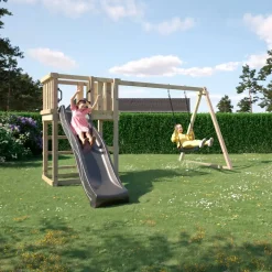 PLUS legetårn inkl. gyngestativ, gråsort rutsjebane og gynge