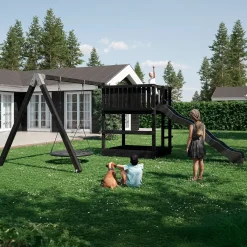 PLUS PLUS Play legetårn inkl. gyngestativ, gråsort rutsjebane og sort redegynge
