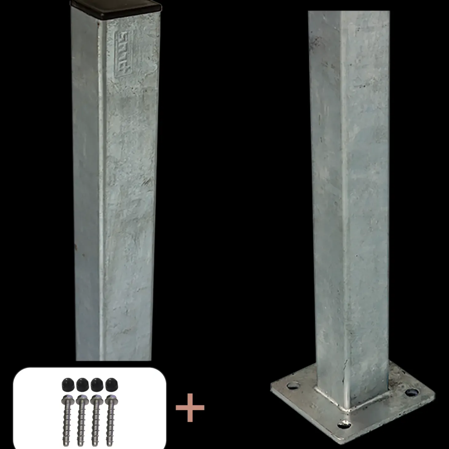 Plus Stålstolpe m/fod 4,5x4,5x132 cm  m/stolpeafdækning/bolte