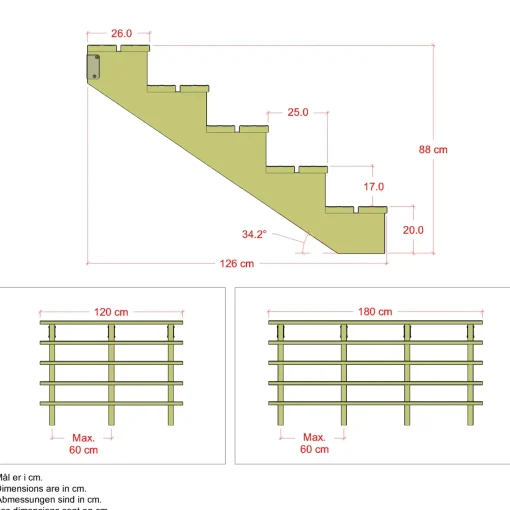 Plus Terrassetrappe 5 trin 88x126 cm 34,2°  120 cm