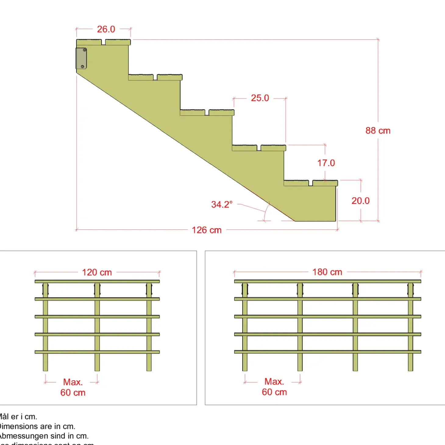 Plus Terrassetrappe 5 trin 88x126 cm 34,2°  120 cm