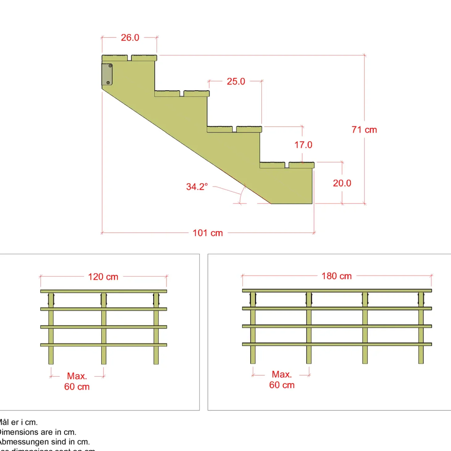 Plus Terrassetrappe 4 trin 71x101 cm 34,2°  180 cm