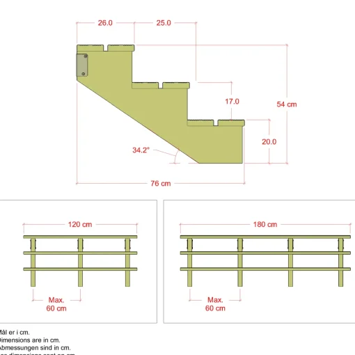 Plus Terrassetrappe 3 trin 54x76 cm 34,2° 120 cm