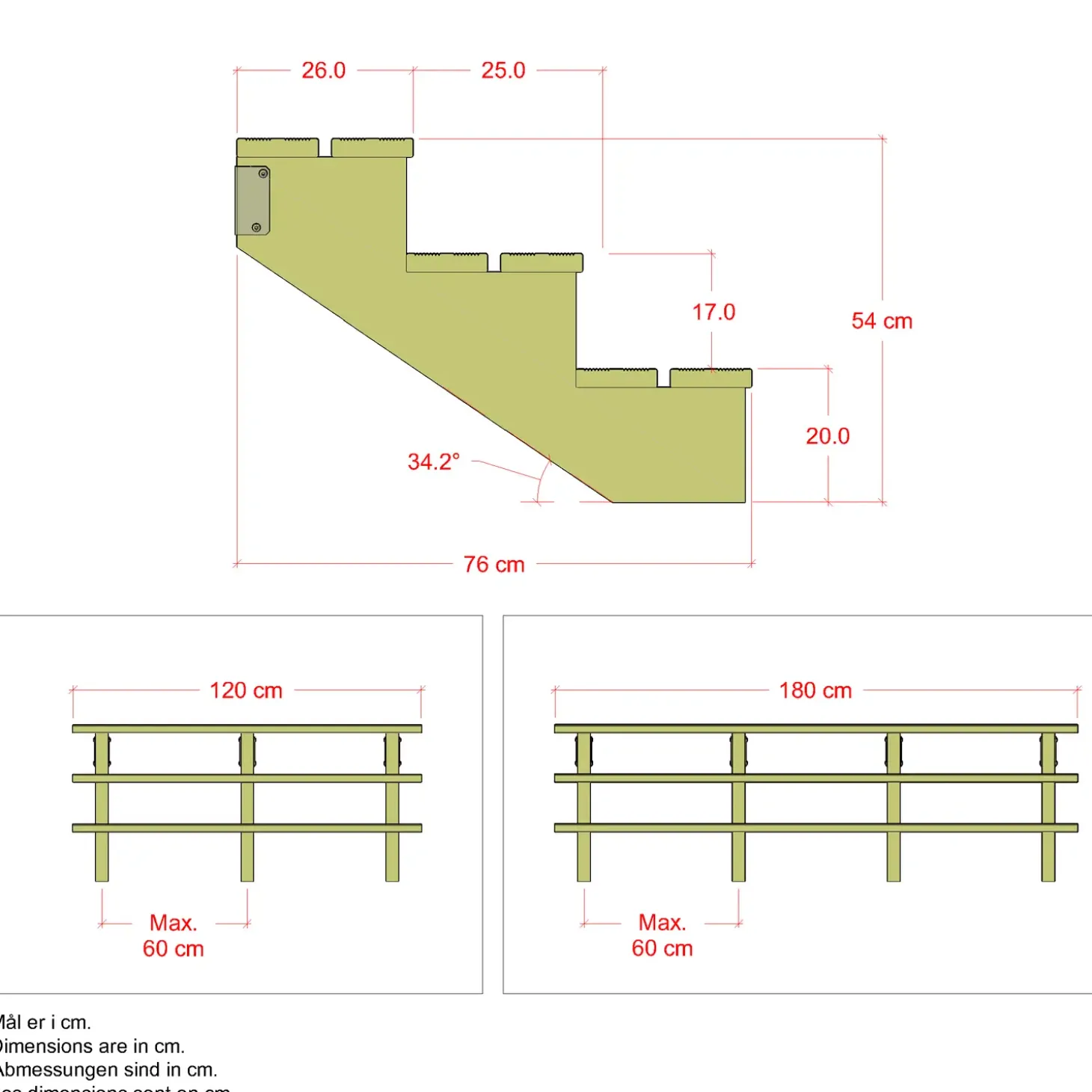 Plus Terrassetrappe 3 trin 54x76 cm 34,2° 120 cm