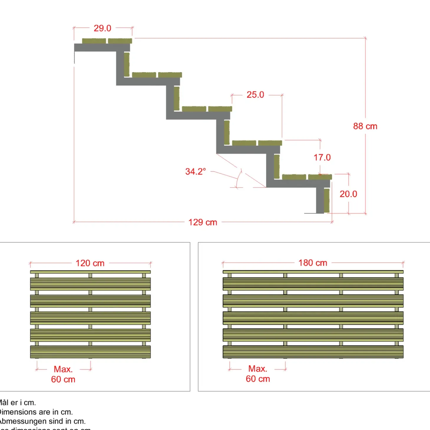 Plus Terrassetrappe 5 trin 88x129 cm 34,2°  180 cm