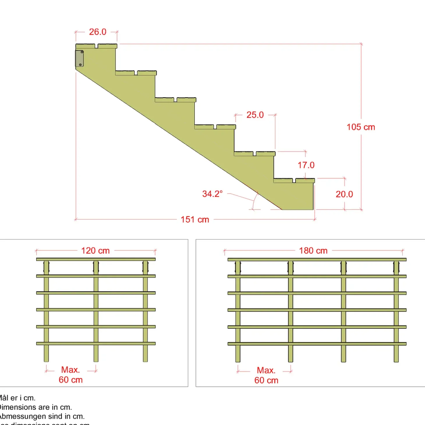 Plus Terrassetrappe 6 trin 105x151 cm 34,2°  120 cm