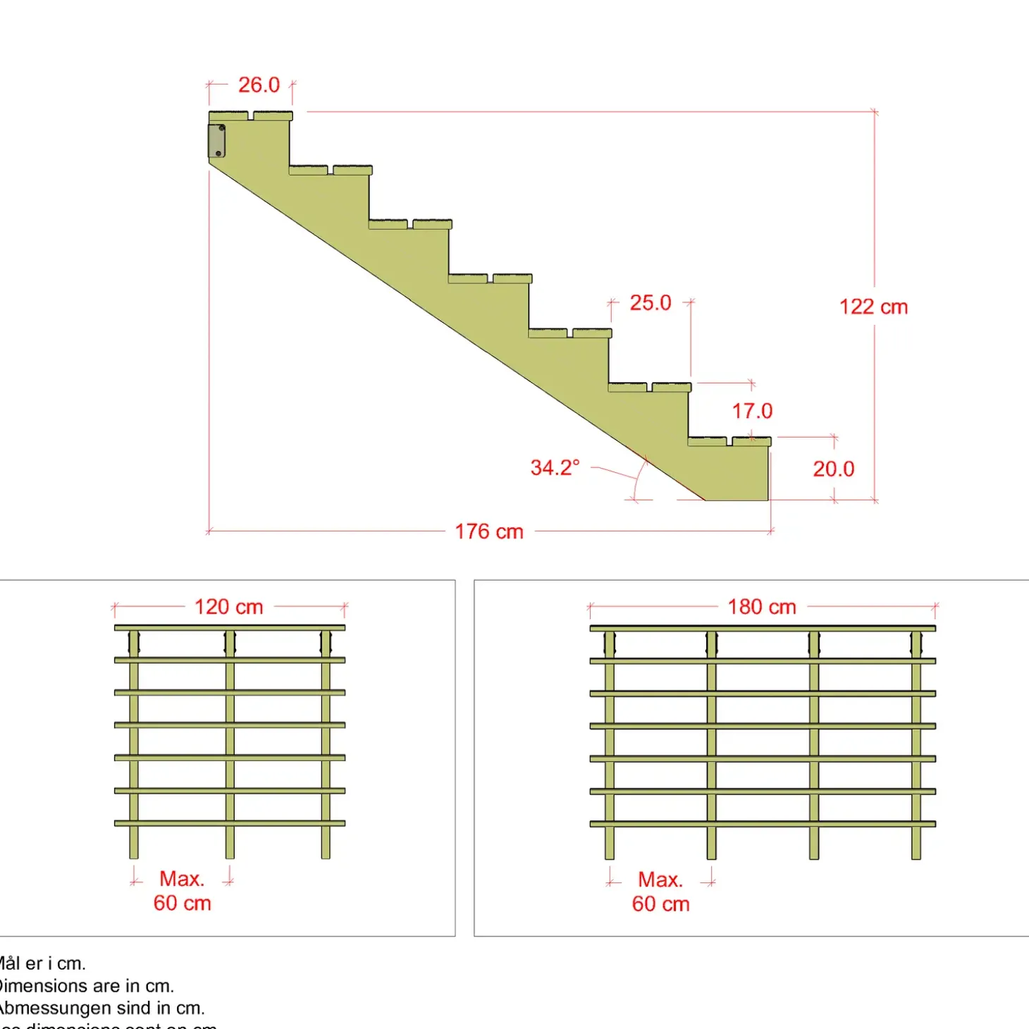 Plus Terrassetrappe 7 trin 122x176 cm 34,2°  180 cm