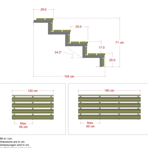 Plus Terrassetrappe 4 trin 71x104 cm 34,2°  180 cm