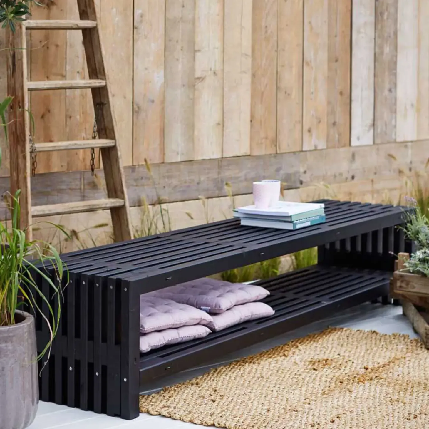 Rustik Trallebænk Design med hylde sort 138x49x45cm