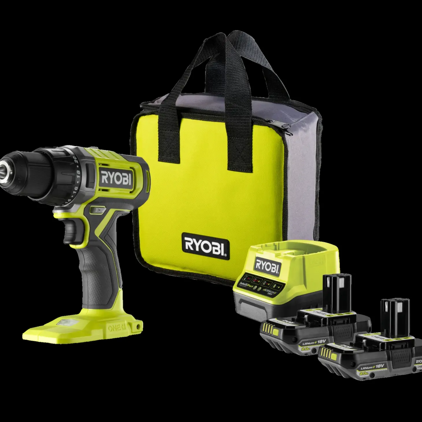 Ryobi bore-/skruemaskine m/2x2.0Ah batterier, lader, dobbeltbit og taske