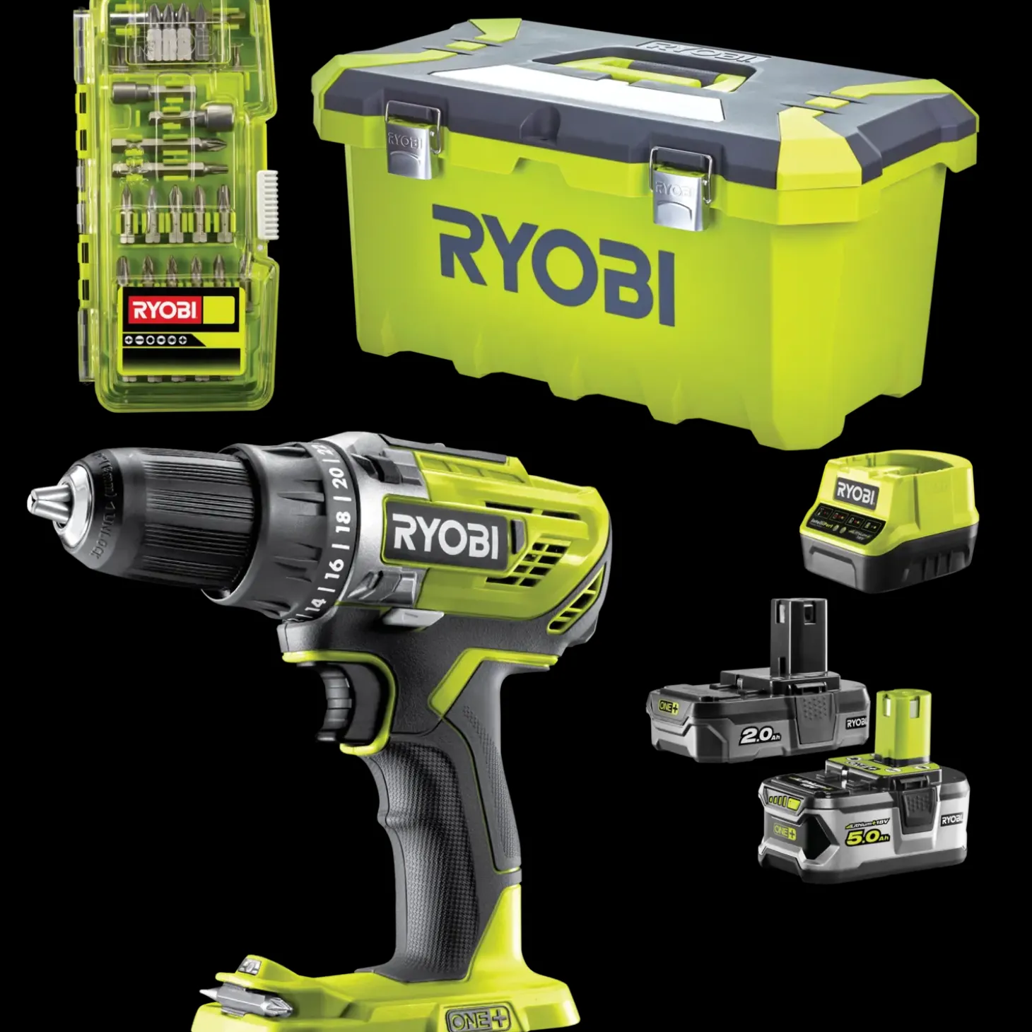 Ryobi R18DD3-252T akku bore-/skruemaskine 1x2,0+1x5,0 Ah 18V ONE+ inkl. 17 dele tilbehør