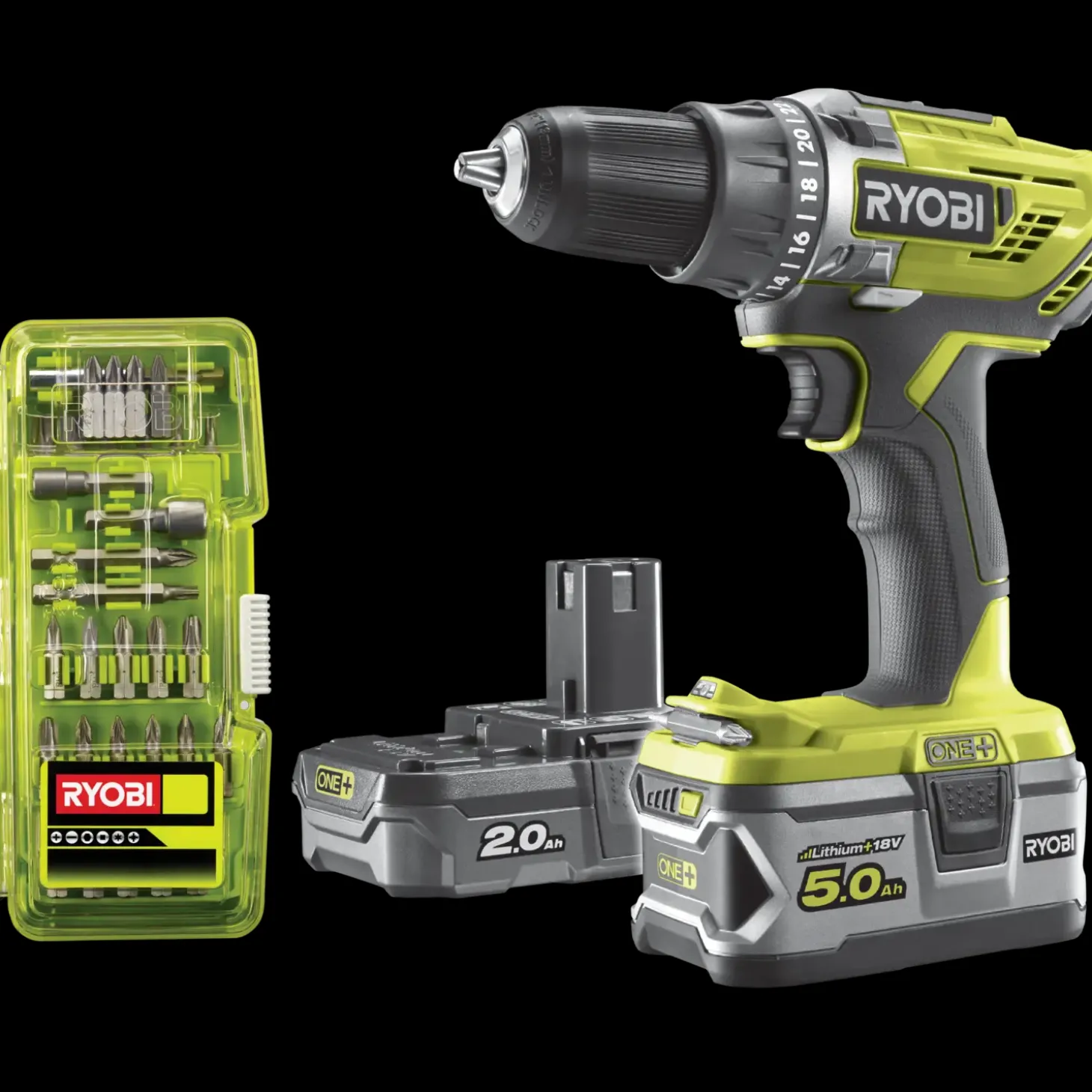 Ryobi R18DD3-252T akku bore-/skruemaskine 1x2,0+1x5,0 Ah 18V ONE+ inkl. 17 dele tilbehør