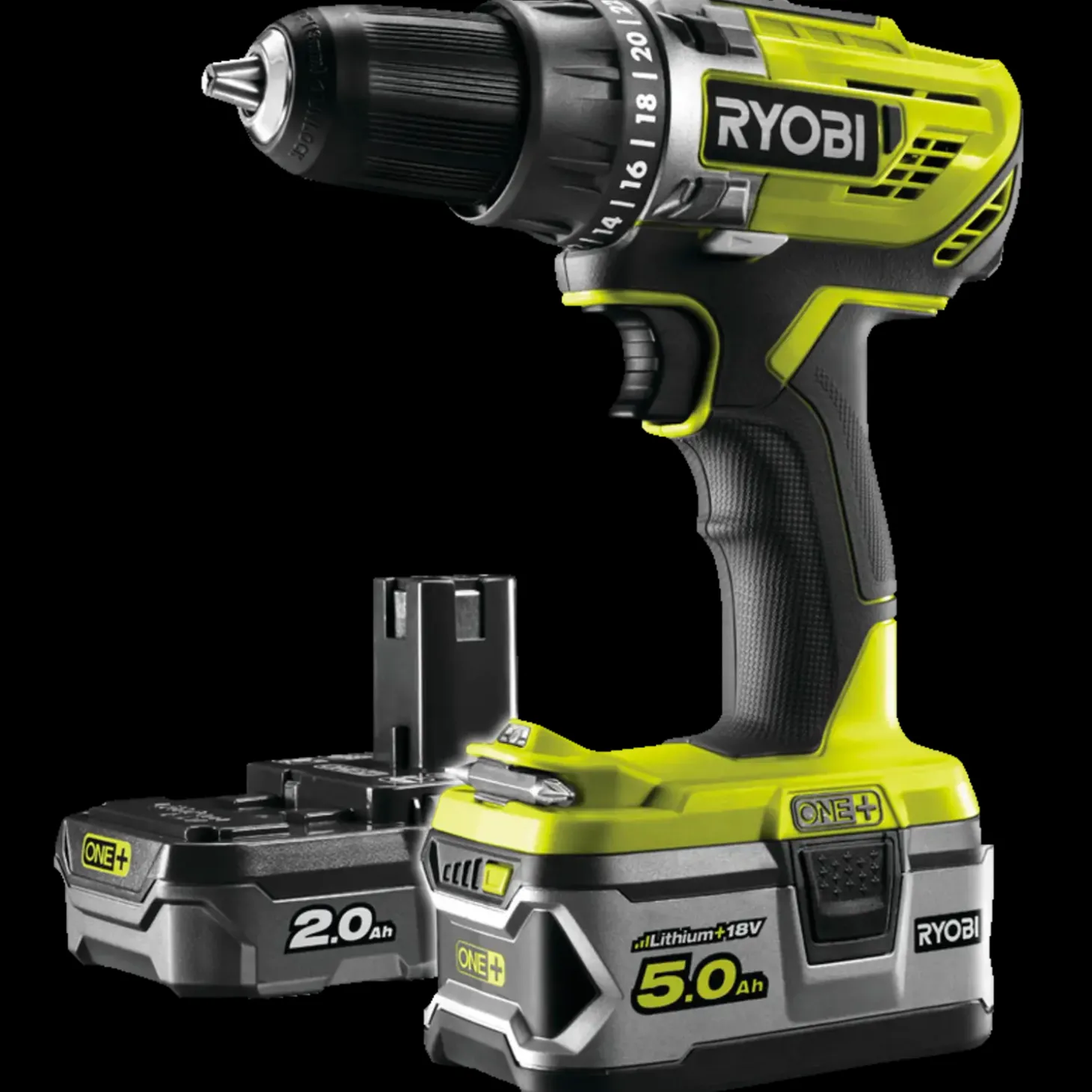 Ryobi R18DD3-252T akku bore-/skruemaskine 1x2,0+1x5,0 Ah 18V ONE+ inkl. 17 dele tilbehør