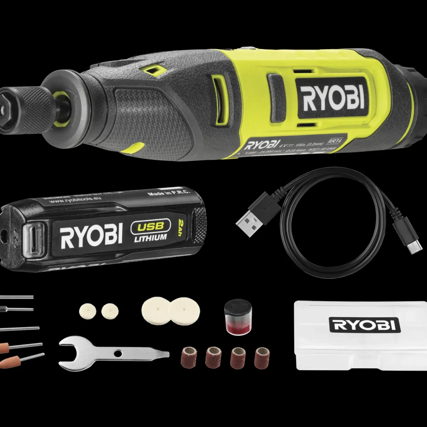 Ryobi RRT4-120GA15 4V USB multiværktøj, med 15 tilbehørsdele