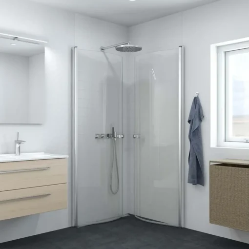 Scanbad brusedør E - halvrund klart satin/klart glas, model 100