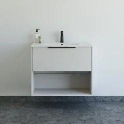 Scanbad NOW vaskeskab m/én skuffe og åbent rum 65,8x81x45,5 cm mat sand stribet front