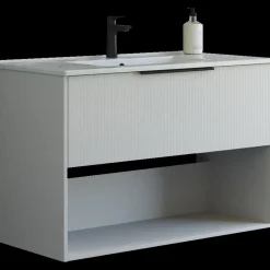 Scanbad NOW vaskeskab m/én skuffe og åbent rum 65,8x81x45,5 cm mat sand stribet front