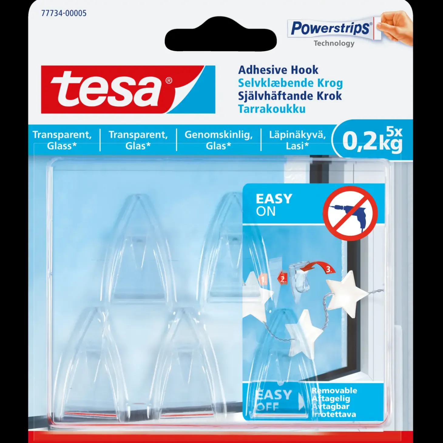 Tesa® Klæbekrog til transparente overflader og glas (0,2 kg) - 5-pk